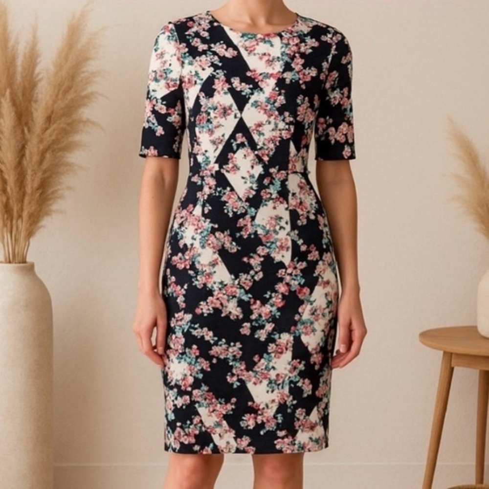 L.K. Bennett Crystal Black Pink Floral Career Sheath Dress
